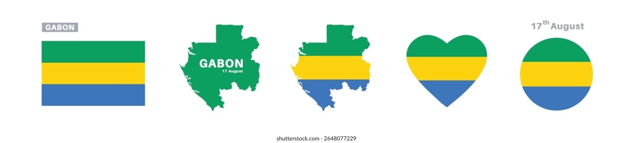 gabon flag and map set. gabon flag in official colors and proportions. independence day 17 august, map, circle and heart shaped gabon	