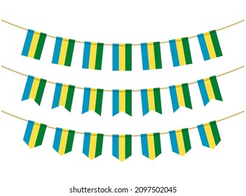 Bandera de Gabón sobre las cuerdas de fondo blanco. Juego de banderas Patrióticas. Decoración de los bungalows de la bandera de Gabón