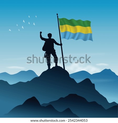 Gabon Flag raised on a mountain peak with clear sky in the background, vector illustration