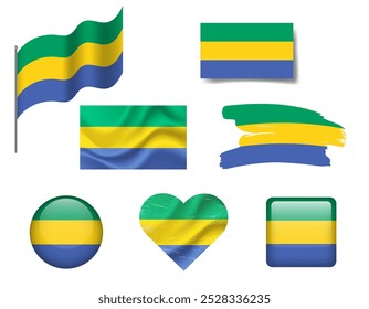 Gabon flag set of icons. Vector flag of Gabon, symbol. Set of Gabon flags button, brush, waved, heart.