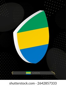 Gabon Flag Shield icon in 3D on Dark Modern Abstract Rugby Background. Perfect for sports events, heritage themes, national celebrations, and patriotic designs.