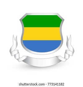 Gabon flag in shield and ribbon. Vector illustration.