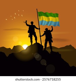 Gabon flag, silhouette of two climbers holding flags at sunset