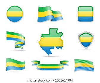 Gabon flags collection. Flags and outline of the country vector illustration set