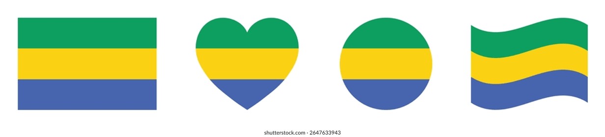 Gabon flags set in square, heart, circle and waving formats designs element. Gabon flags collection. Set of Gabon flags icons isolated on white background. Vector illustration.