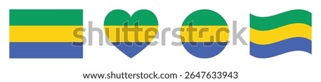 Gabon flags set in square, heart, circle and waving formats designs element. Gabon flags collection. Set of Gabon flags icons isolated on white background. Vector illustration.