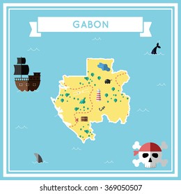 Gabon flat treasure map. Colorful cartoon treasure map of Gabon with flat icons of pirate ship, jolly roger, treasure chest and banner ribbon. Flat design vector illustration.