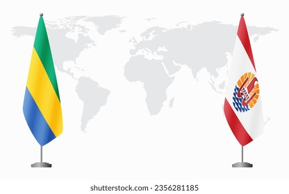 Gabun und Französisch-Polynesien Flaggen für offizielle Treffen auf dem Hintergrund der Weltkarte.