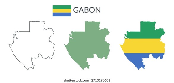 Gabunische geografische Grenzen einzeln auf weißem Hintergrund. Flagge von Gabun. Vektor flache Cliparts.