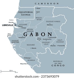 Gabon, gray political map with provinces. Gabonese Republic, with capital Libreville. Central African country bordered by Equatorial Guinea, Cameroon, Republic of the  Congo, and the Gulf of Guinea.