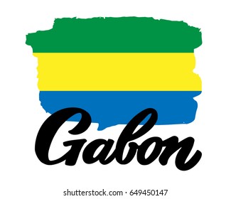 Gabon hand drawn ink brush lettering with the national flag of the country. Calligraphy word "Gabon". Gabon national symbol