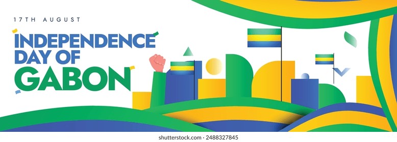 Gabon Independence Day background, cover banner, social media post. 17th August 1960 Gabon Independence day celebration banner with its flags, abstract art elements in flag colours, hand fists in air.