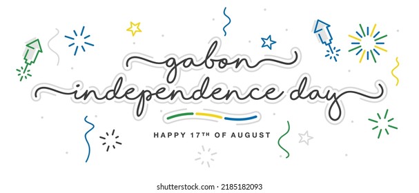 Gabon independence day handwritten lettering typography calligraphy with stars, firework, confetti, and abstract Gabon flag ribbon isolated on white background