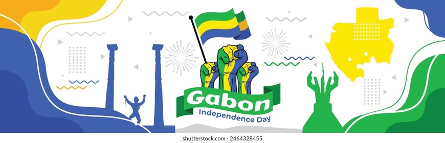 Letras del Día de la Independencia de Gabón en francés con bandera. Fiesta nacional que se celebra el 17 de agosto. Fácil de editar Plantilla de Vector para Anuncio, póster de tipografía, volante, pegatina, tarjeta de felicitación, postal, etc.