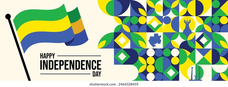 Schriftzug zum Gabon Independence Day auf Französisch mit Flagge. Am 17. August wird Nationalfeiertag gefeiert. Leicht zu bearbeitende Vektorgrafik Vorlage für Banner, Typografie Poster, Flyer, Aufkleber, Grußkarte, Postkarte, etc.