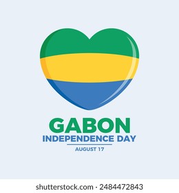 Gabon Independence Day poster vector illustration. Gabon flag in heart shape icon isolated on a gray background. Gabonese flag love symbol. Template for background, banner, card. August 17 every year