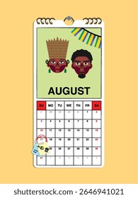Gabon Independence Day reminder on August 17th in a wall calendar with illustrative people wearing the nation's traditional attire.