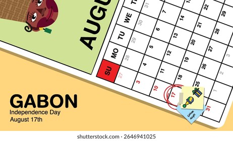 Gabon Independence Day reminder on August 17th in a wall calendar with illustrative people wearing the nation's traditional attire.