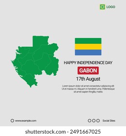 Gabon Independence Day Social Media Banner, Editable Vector Design with Map and Flag