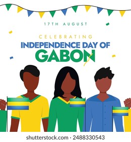 Gabon Independence Day.17th August Gabon Independence day celebration banner with black people holding its flags. The country achieved its independence from France in 1960.