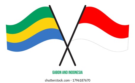Gabon and Indonesia Flags Crossed And Waving Flat Style. Official Proportion. Correct Colors.