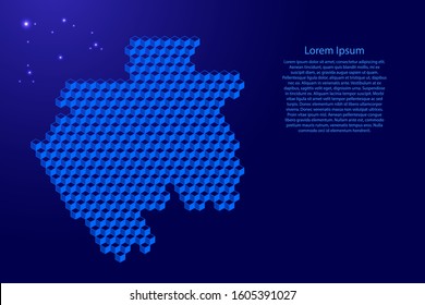Gabon map from 3D classic blue color cubes isometric abstract concept, square pattern, angular geometric shape, glowing stars. Vector illustration.