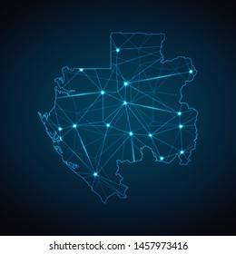 Gabon Map - Abstract geometric mesh polygonal network line, structure and point scales on dark background with lights in the form of cities. Vector illustration eps 10.