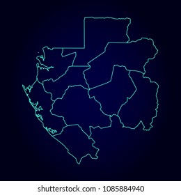 Gabon map: blue glitter outline with sparkling stars on dark background. Detailed map of Gabon. Vector illustration.