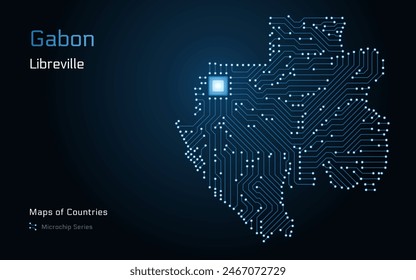 Gabon Map with a capital of Libreville Shown in a Microchip Pattern with processor. E-government. World Countries vector maps. Microchip Series