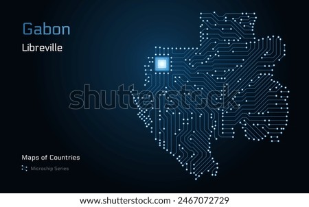 Gabon Map with a capital of Libreville Shown in a Microchip Pattern with processor. E-government. World Countries vector maps. Microchip Series