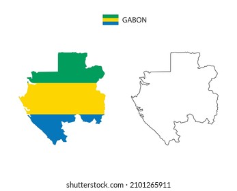 Gabon map city vector divided by outline simplicity style. Have 2 versions, black thin line version and color of country flag version. Both map were on the white background.