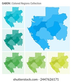 Gabon map collection. Country shape with colored regions. Light Blue, Cyan, Teal, Green, Light Green, Lime color palettes. Border of Gabon with provinces for your infographic. Vector illustration.