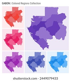 Colección del mapa de Gabón. Forma de Country con regiones de color. Paletas de colores Deep Purple, Red, Pink, Purple, Indigo, Blue. Frontera de Gabón con las provincias para su infografía. Ilustración vectorial.