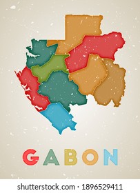 Gabon map. Country poster with colored regions. Old grunge texture. Vector illustration of Gabon with the country name.