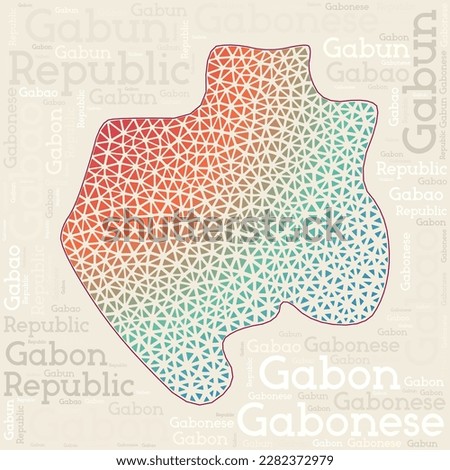 Gabon map design. Country names in different languages and map shape with geometric low poly triangles. Classy vector illustration of Gabon.