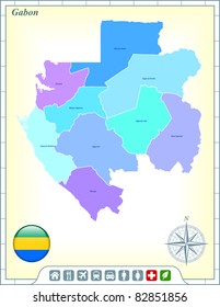 Gabon Map with Flag Buttons and Assistance & Activates Icons Original Illustration