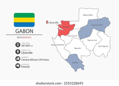 Gabon map infographic elements with flag of city. Separate of heading is total areas, Currency, Language and the capital city in this country.