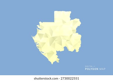 Mapa de Gabón en estilo de Vector de polígono de polietileno bajo, ilustración de forma geométrica con tonos amarillos suaves sobre fondo azul, silueta limpia para infografía.