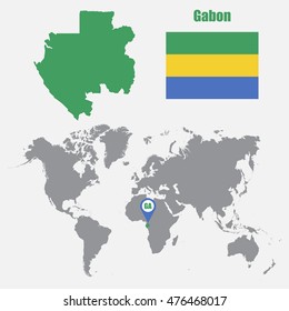 Gabon map on a world map with flag and map pointer. Vector illustration