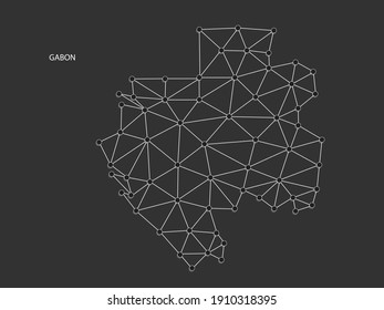 Punto de mapa de Gabón escala sobre fondo negro. Línea blanca, punto y punto de sombra de la red poligonal con marco de cable.