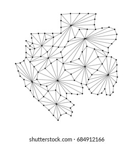 Gabon map of polygonal mosaic lines network, rays and dots vector illustration.