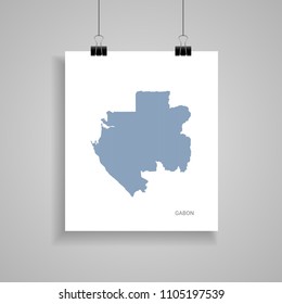 Gabon map poster.  Blue vector map on piece of paper with paper clip, on a gray background. 