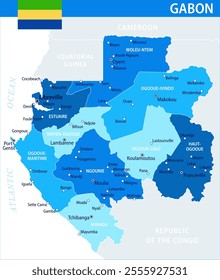 Gabon Map Vector Blue Spot - Customizable layered political map of Gabon with administrative divisions for website, education, reports, news, politics, print, poster and wallpaper