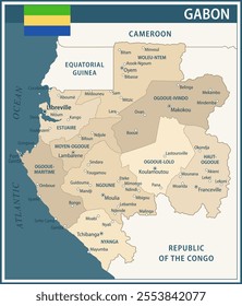 Gabon Map Vector Vintage Dark Blue Beige - Customizable layered political map of Gabon with administrative divisions for website, education, reports, news, politics, print, poster and wallpaper
