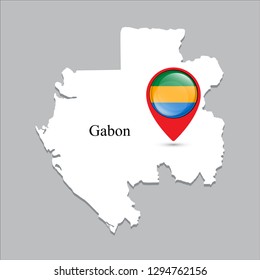 Gabon map with white shadow and country name on the map. Check-in point with a national flag on a gray background.