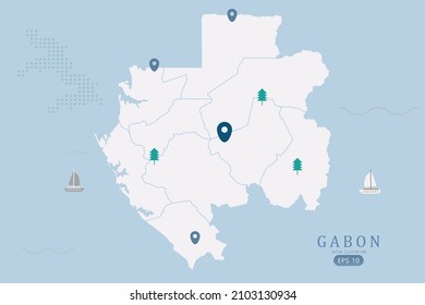 Mapa de Gabón - Mapa Mundial Plantilla vectorial internacional Alto detalle con color blanco aislado en fondo azul incluyendo punto de ubicación simple, árbol, icono de barco - Ilustración vectorial eps 10