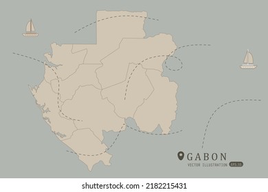 Mapa de Gabón - Mapa Mundial Plantilla vectorial internacional Alto detalle con color marrón aislado en fondo gris incluyendo punto de ubicación simple, viento, icono de barco - Ilustración vectorial eps 10