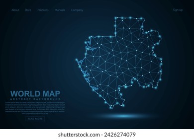 Mapa de Gabón - Línea de puré y escalas de puntos de World Map sobre fondo de tecnología azul. Línea de red poligonal de malla 3D de marco de alambre, esfera de diseño, punto y estructura - Ilustración vectorial eps 10