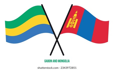 Banderas de Gabón y Mongolia Cruzadas y ondeadas de estilo plano. Proporción oficial. Colores correctos.
