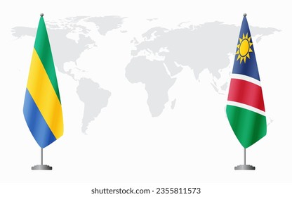 Gabon and Namibia flags for official meeting against background of world map.